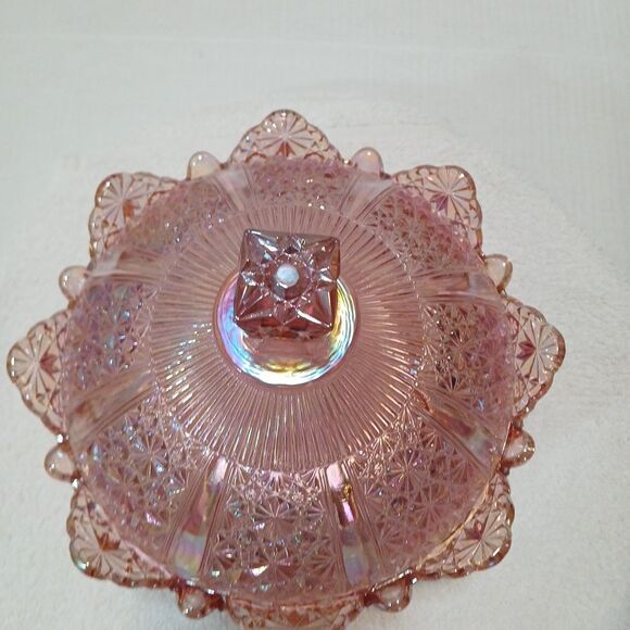 Vintage Fenton Pink Iridescent Daisy & Button Glass Covered Dish 10" × 9"in - Picture 8 of 16